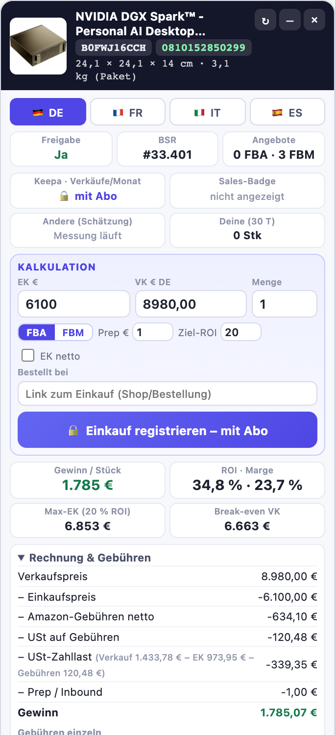 Profit-Rechner von Arbitragex rechts auf einer Amazon-Produktseite: Gewinn, ROI, Gebühren-Aufstellung, Verkäufer mit Preis und Profit